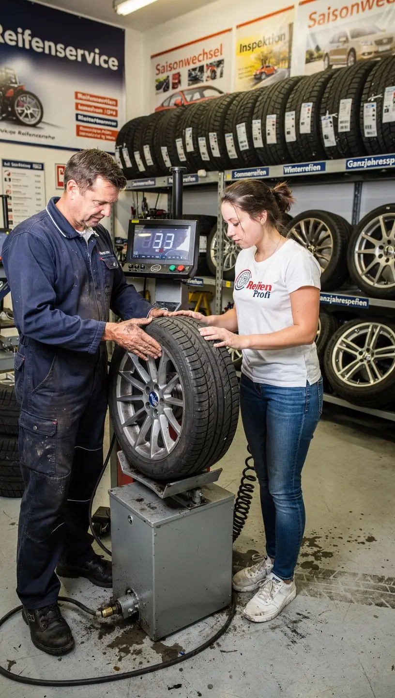Mitarbeiter berät Kunden transparent zu saisonalem Reifenwechsel und Reifenpflege.
